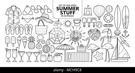 Set of isolated summer stuff in 59 pieces. Cute vector illustration elements for holiday in black outline and white plane on white background. Stock Vector