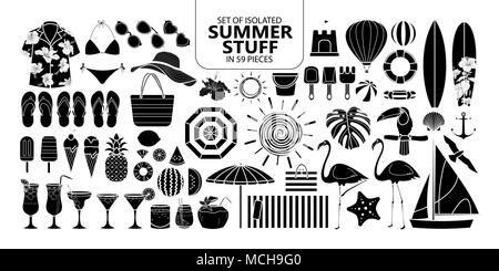 Set of isolated silhouette summer stuff in 59 pieces. Cute vector illustration elements for holiday in white outline and black plane on black backgrou Stock Vector