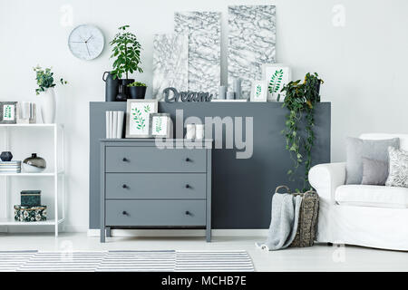 Grey wooden cupboard with books, framed posters and decor standing in white flat interior with fresh plants and marble paintings Stock Photo