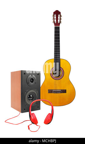 Music and sound - Front view Yellow classic acoustic guitar, line array loudspeaker enclosure cabinet and red headphone isolated on a white background Stock Photo