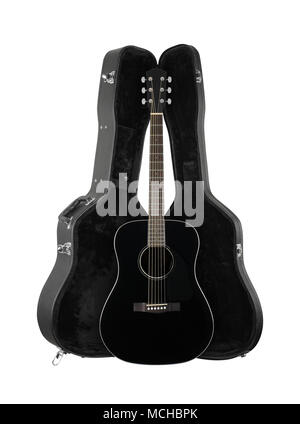 Musical instrument - Front view black acoustic guitar in hard case  isolated on a white background. Stock Photo