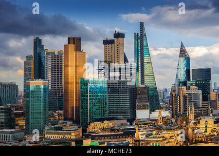 London, England - Panoramic skyline view of Bank and Canary Wharf, central London's leading financial districts with famous skyscrapers and other land Stock Photo