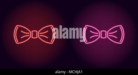 Neon bow tie in red and pink color. Vector illustration of neon bow knot consisting of outlines, with backlight on the dark background Stock Vector