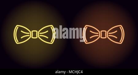 Neon bow tie in color yellow and orange. Vector illustration of neon bow knot consisting of outlines, with backlight on the dark background Stock Vector