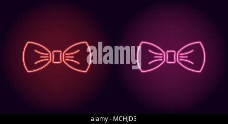 Neon bow tie in red and pink color. Vector silhouette of neon bow knot consisting of outlines, with backlight on the dark background Stock Vector