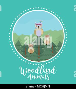Owls woodland animals cute cartoons over blue background Stock Vector