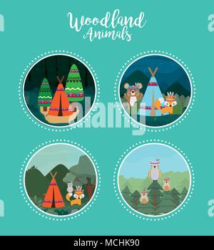 Set of cute hippie animals woodland cartoons over blue background Stock Vector