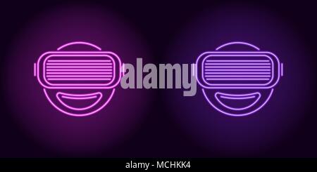 Neon VR glasses in purple and violet color. Vector illustration of neon emoji with glasses of virtual reality consisting of outlines, with backlight o Stock Vector