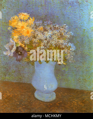 Vase with Lilacs, Daisies and Anemones Stock Photo