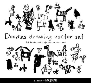 Doodles drawing set isolated objects black and white Stock Vector