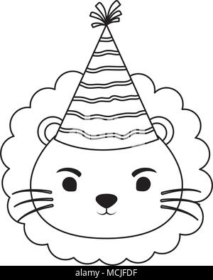 cute lion with party hat over white background, vector illustration Stock Vector