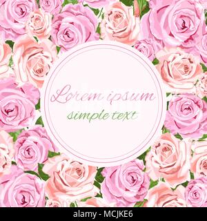 Vector wedding invitations with pink and beige roses and round ftame, place for text.  Floral design for greeting card, copy space Stock Vector