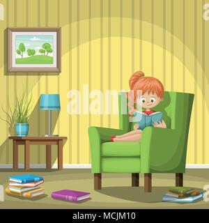 Girl reading books in living room, vector illustration Stock Vector