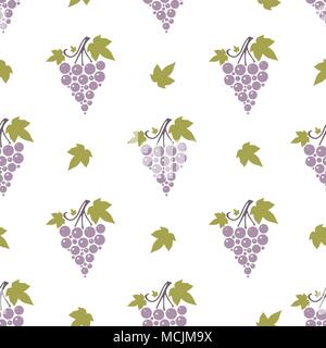 Seamless pattern with grapes and leaves on simple background. Repeating endless violet grape background. Vector Illustration Stock Vector