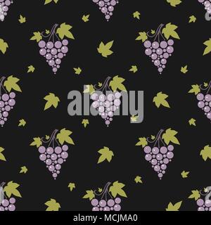 Seamless pattern with grapes and leaves on simple background. Repeating endless violet grape background. Vector Illustration Stock Vector