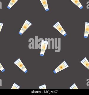 Seamless Pattern with sunscreen creams on black background. Vector Illustration Stock Vector