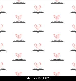 Seamless pattern with open romance genre book and heart above it. Flat Design. Vector Illustration Stock Vector