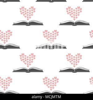 Seamless pattern with open romance genre book and heart above it. Flat Design. Vector Illustration Stock Vector