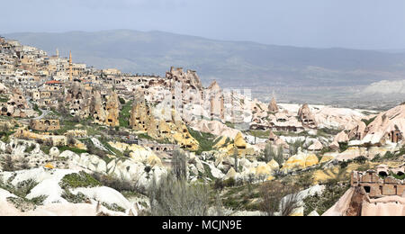 Pigeon Valley Cappadocia: natural volcanic formations were carved into pigeon coops in the ottoman era, next to the town of Uchisar. Stock Photo