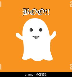 Cute Halloween ghost saying Boo on orange background. Halloween Holiday. Vector Illustration Stock Vector