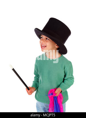 Funny small magician  with a top hat and a magic wand isolated on a white background Stock Photo