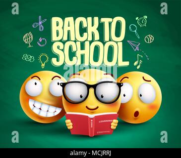 Smiley characters and back to school text vector banner design with funny yellow emoticons reading and studying in green texture background Stock Vector