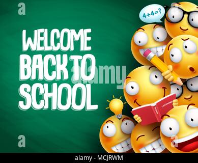 Welcome back to school text and smileys with facial expressions or emoticons students in chalkboard background for education. Vector illustration. Stock Vector