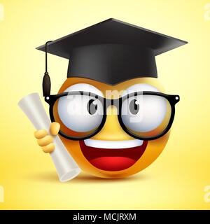 Smiley vector emoticon student smiling holding  diploma and wearing black hat for graduation in yellow background. Vector illustration. Stock Vector