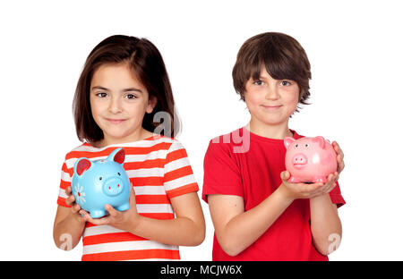 Children saving with their piggy bank isolated on a white background Stock Photo