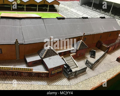 Retired accountant Chris Jepson has spent more than 500 hours making a scale model of the Molineux Stadium from materials such as matchsticks. The life-long Wolverhampton Wanderers fan, began his creation in October 2016 and managed to finish it in time for their promotion to the Premier League. Stock Photo