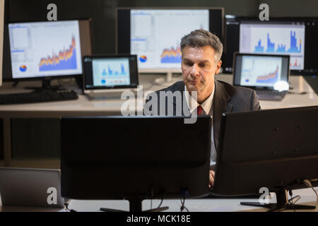 Serious Mature Businessman Working On Multiple Computer At Workplace Stock Photo