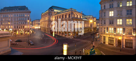 VIENNA, AUSTRIA - MARCH 19, 2018: Panoramic view from Albertina in the evening, with of Albertinaplatz, Hotel Sacher and the State Opera House. Stock Photo