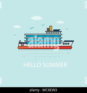 Banner, poster, card with text Hello Summer and  nautical vehicles: sail boat, ship, vessel. Vector  icon isolated on blue background. Stock Vector