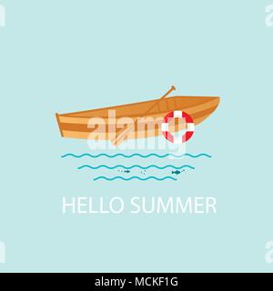 Banner, poster, card with text Hello Summer and  nautical vehicles: sail boat,  rowboat with wooden paddle and buoy. Vector  icon isolated on blue bac Stock Vector