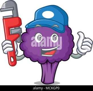 Plumber purple broccoli mascot cartoon vector illustration Stock Vector