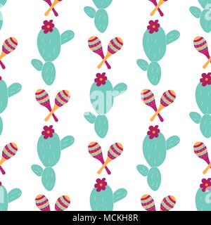 Seamless pattern with hand drawn cactus and maracas. Can be used for banner or card for Cinco de Mayo celebration. Holiday poster . Vector Mexican fie Stock Vector