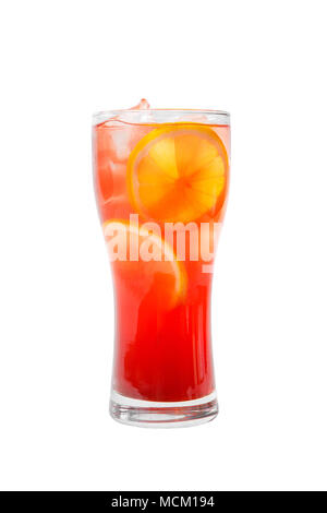 Multicolored, gradient opaque cocktail, refreshing in a tall glass with ice cubes, round slices of lemon, orange, with taste of fruits, berries. Side  Stock Photo