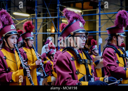 Students from St Raymond School Band, East Rockaway, NY, with clarinets and drum, perform in the St. Patrick’s Day Parade , New York City 2018. Stock Photo