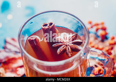 Tea cup with anise stars and cinnamon close-up. Out of focus autumn background with fallen leaves and berries. Rainy day concept with copy space. Stock Photo