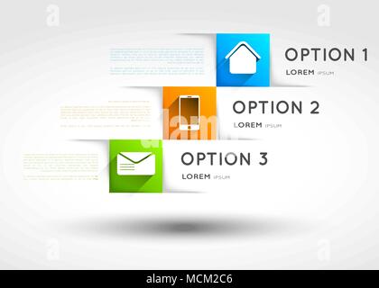 infographic template, option squares banners with icons, long shadow effect, design element Stock Vector