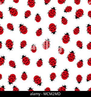 Ladybug seamless pattern, insects background. Red beetles with black circles on white background. For fabric design, wallpapers, cloth, print, decorat Stock Vector