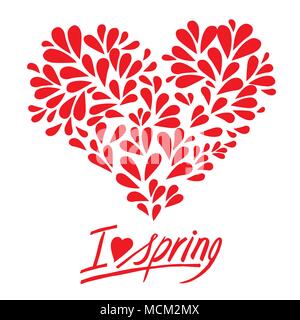 Handwritten inscription I love spring, with petals and heart shaped flowers, isolated vector on a white background Stock Vector