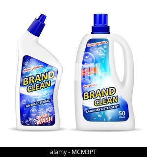 Realistic plastic bottle mockup with label, antibacterial gel laundry detergent for cleaning bathroom, liquid soap toilet cleaner. White package desig Stock Vector