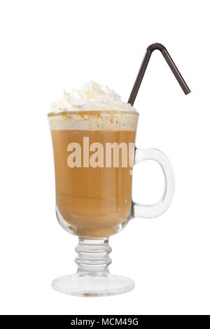 Single-color opaque cocktail, coffee with milk, cocoa, hot chocolate in a tall glass with a handle with whipped cream . Side view. Isolated white back Stock Photo