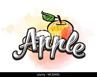 Apple colorful label sign. Vector drawing for advertising. Fresh design of colorful fruits made in watercolor style. Modern illustration on white back Stock Vector