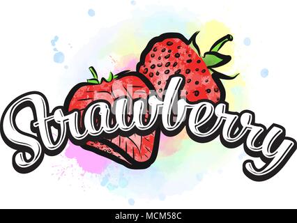 Strawberry colorful label sign. Vector drawing for advertising. Fresh design of colorful fruits made in watercolor style. Modern illustration on white Stock Vector
