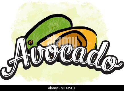 Avocado colorful label sign. Vector drawing for advertising. Fresh design of colorful fruits made in watercolor style. Modern illustration on white ba Stock Vector