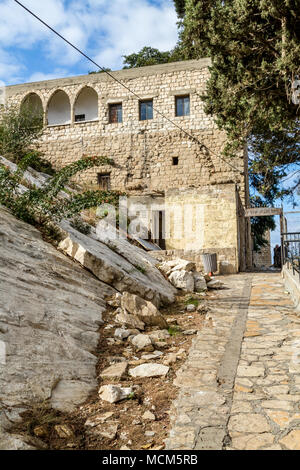 The Cave of Elijah Mount Carmel in Haifa, Israel with hebrew inscription above the entrance: Prophet Elijah memorable. Stock Photo