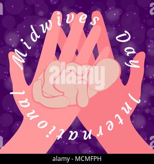 International Midwives Day. Hands hold the newborn baby. Background - purple, blur, stars. The text in a circle is the name of the holiday Stock Vector