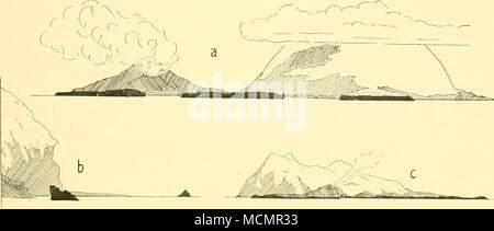 . Fig. II. Candlemas Island: sketches by Lt.-Cmdr. J. Irving. a. From the westward: the actively volcanic northern part of the island on the left and the glaciated southern part on the right. Tow Bay (left) and Sea-serpent Cove (right) separated by portions of the basaltic plateau. b. The eastern side of the island seen from the S. Boot Rock in the centre bearing 327°, distant 8 cables. Spit Point and Black Rock on right. c. From the NW: the volcano bearing 145°, distant 3 miles. c Stock Photo